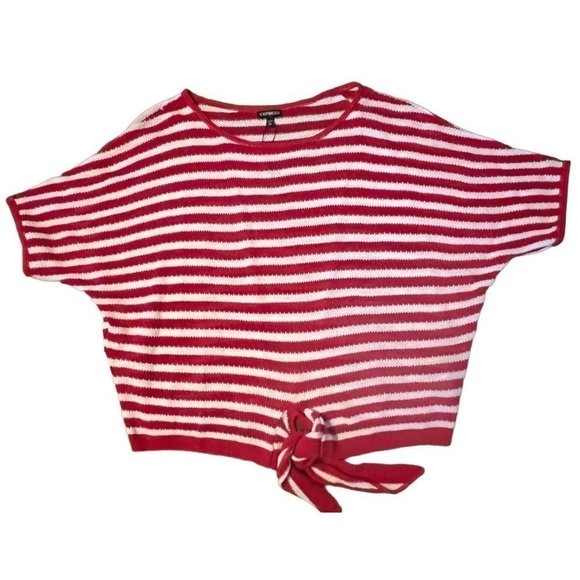 EXPRESS women's red and white stripe sweater size M/L short sleeve, tie front NW - Picture 1 of 6
